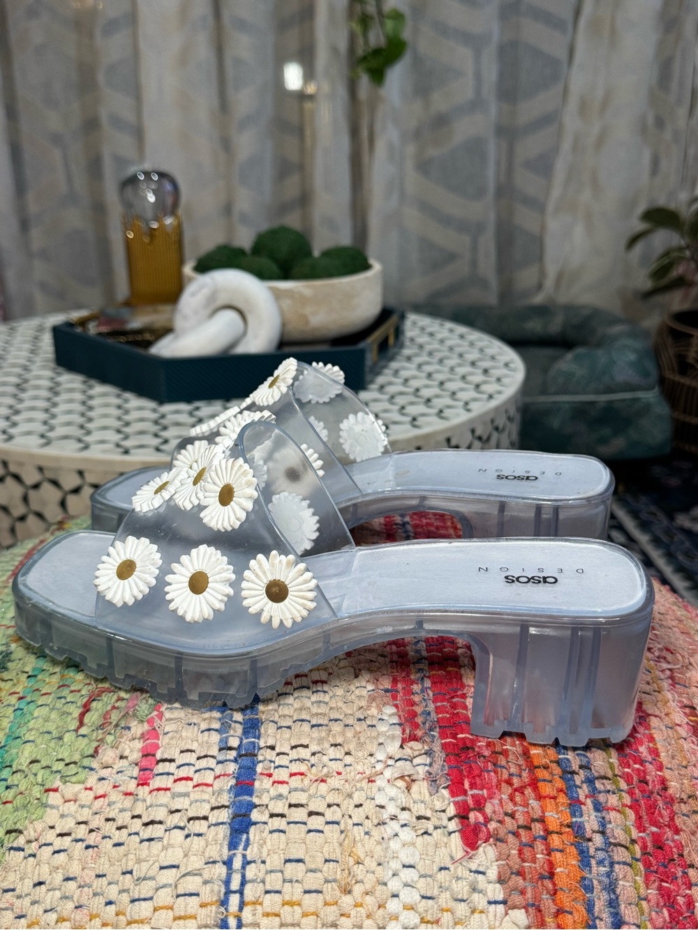 ◻️🌼▫️ASOS Clear Daisy Embellished Platform Heeled‎ Slide Sandals ▫️🌼◻️ - Picture 5 of 8